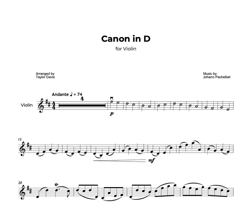 Canon in D - VIOLIN Sheet Music with Play-Along Backtrack