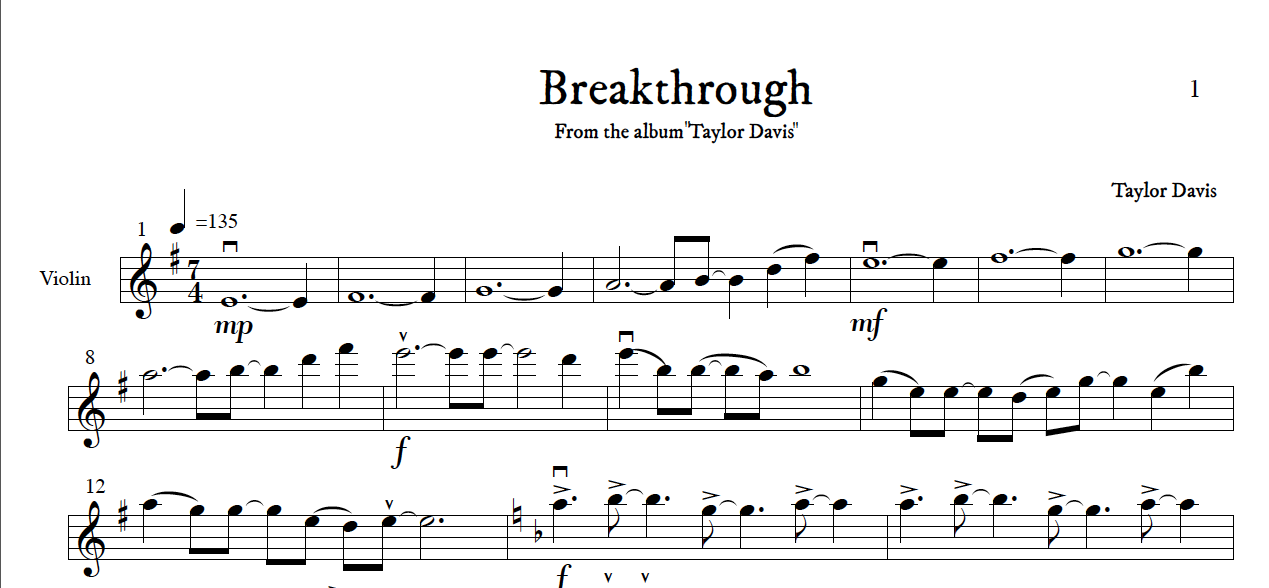 Breakthrough Sheet Breakthrough – VIOLIN Sheet Music with Play-Along Backtrack – Taylor ...