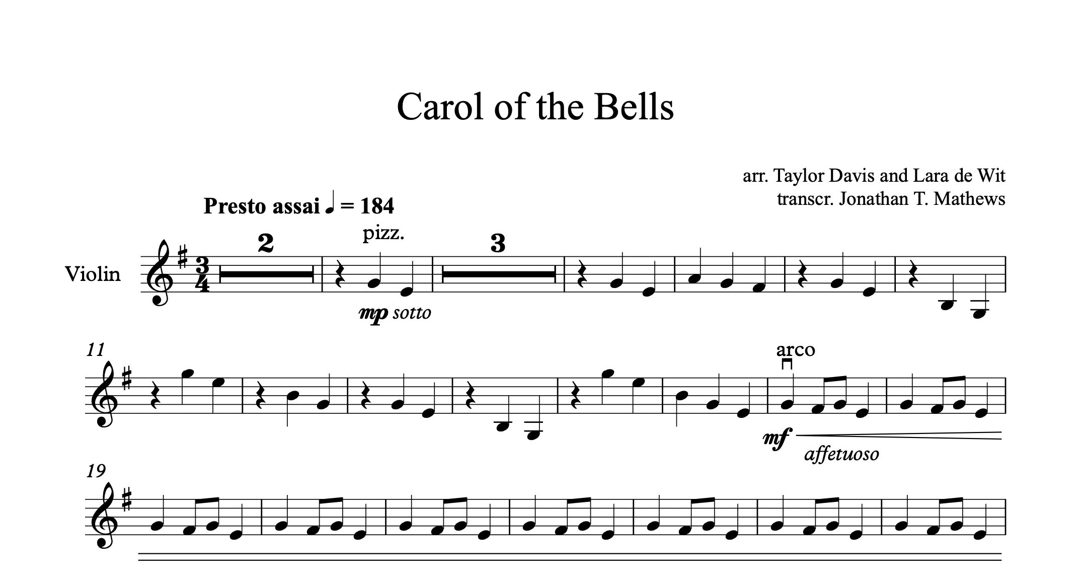 Carol of the Bells VIOLIN Sheet Music Taylor Davis Store