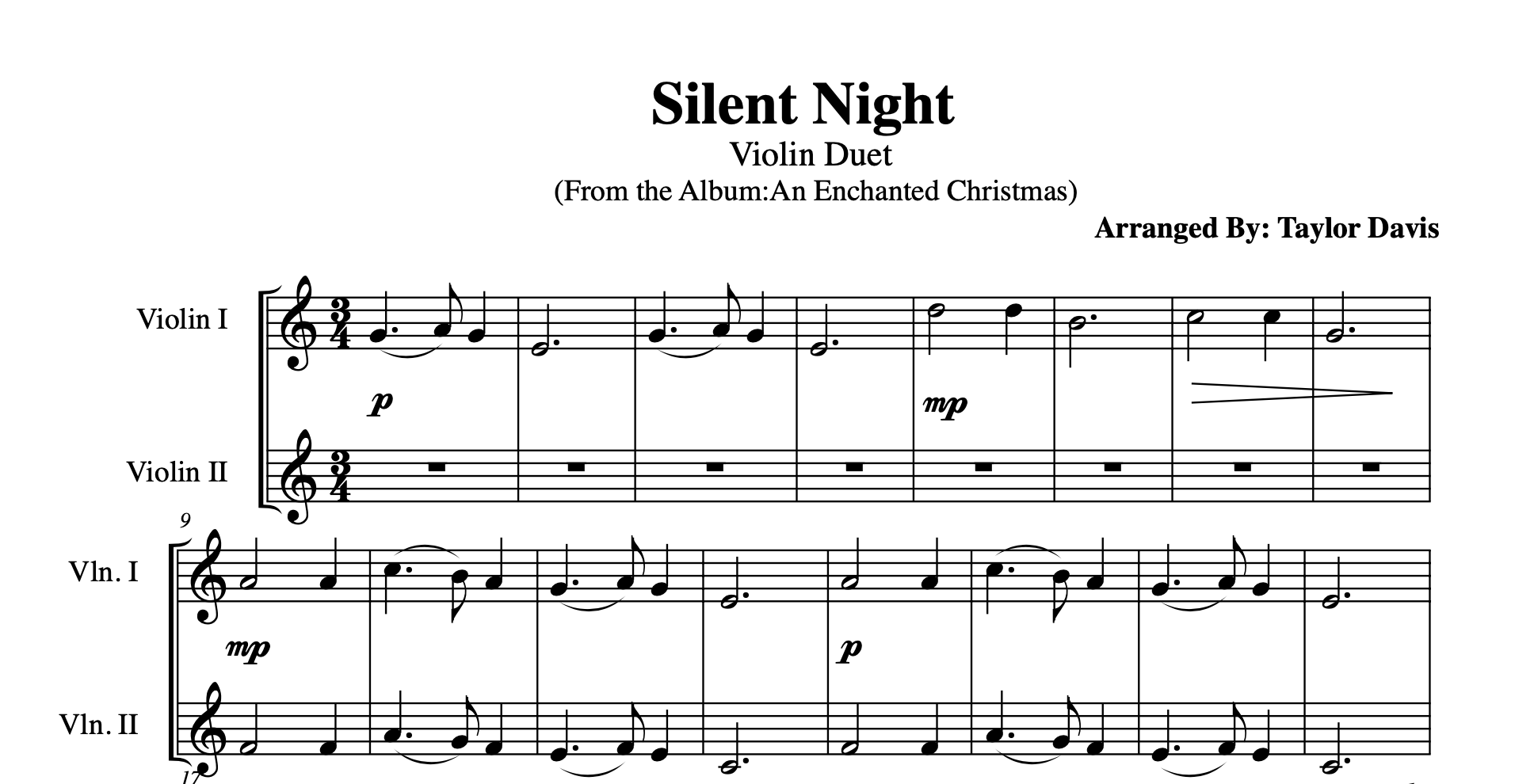 Silent Night Duet VIOLIN Sheet Music Taylor Davis Store